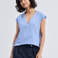 Boxy V-neck Top with Fray Detail