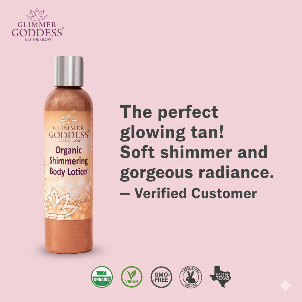 Organic Bronze Shimmer Body Lotion – Sexy Level 2 & Super Level 3 Shimmer in 4 oz & 8 oz