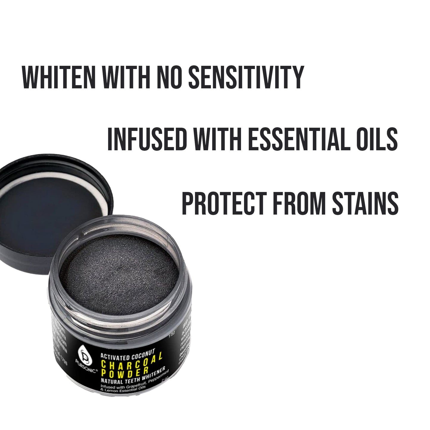 Pursonic Teeth Whitening Charcoal Powder Natural 5-Pack - Infused With Grapefruit, Peppermint & Lemon Essential Oils - 2oz Each