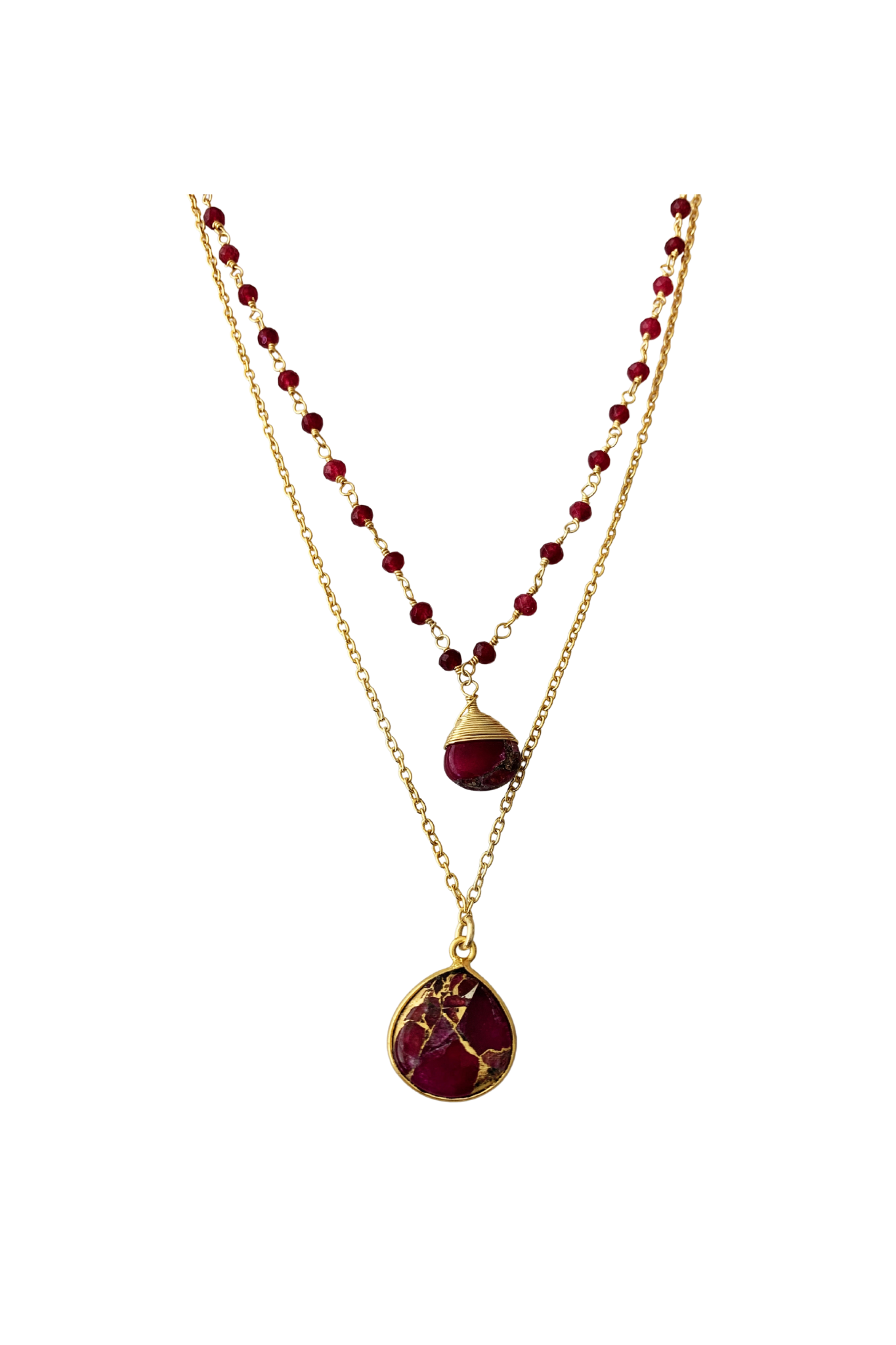 Double Jill Necklace with Gold Ruby Chain and Red Mojave Copper Turquoise Pendant