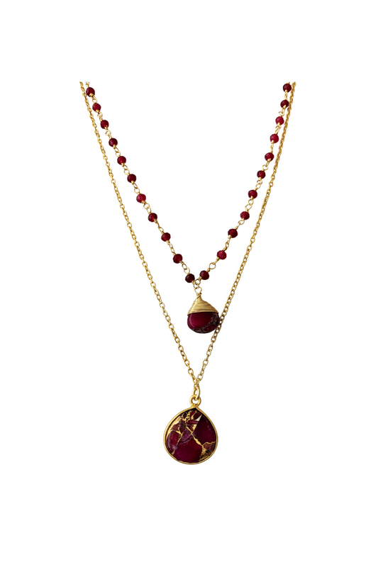 Double Jill Necklace with Gold Ruby Chain and Red Mojave Copper Turquoise Pendant