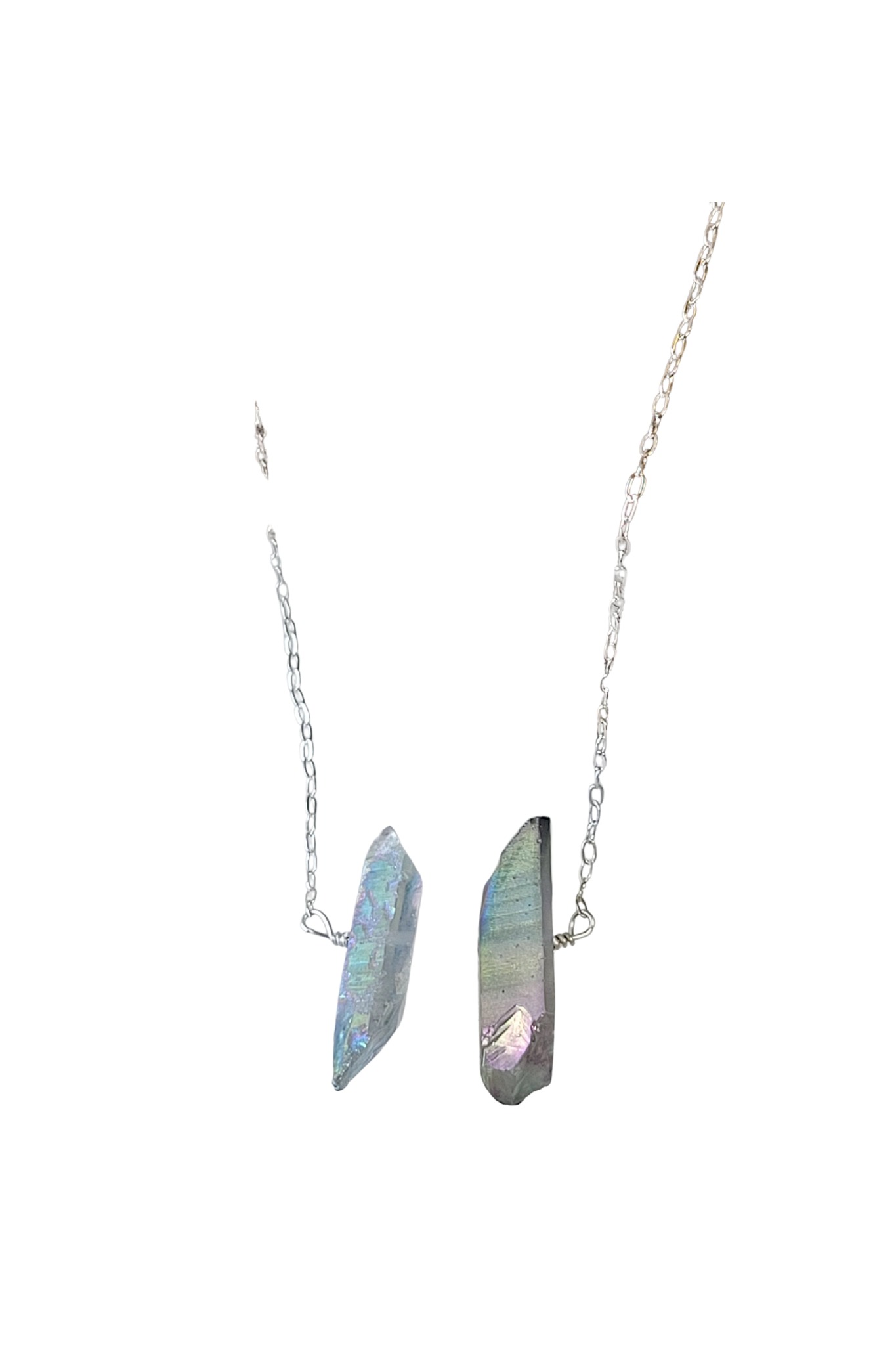 Three Raw Quartz Crystal Pendant Necklace with Mystic Gray and Rainbow Quartz in Silver