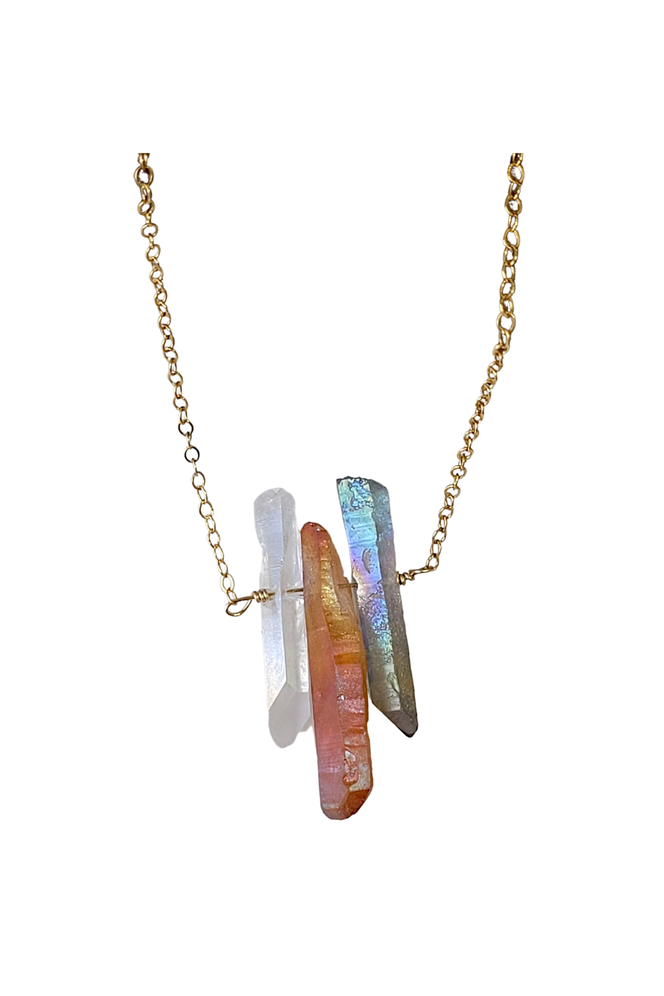 Three Raw Quartz Crystal Pendant Necklace with Mystic Gray, Rainbow and Peach Quartz in Gold