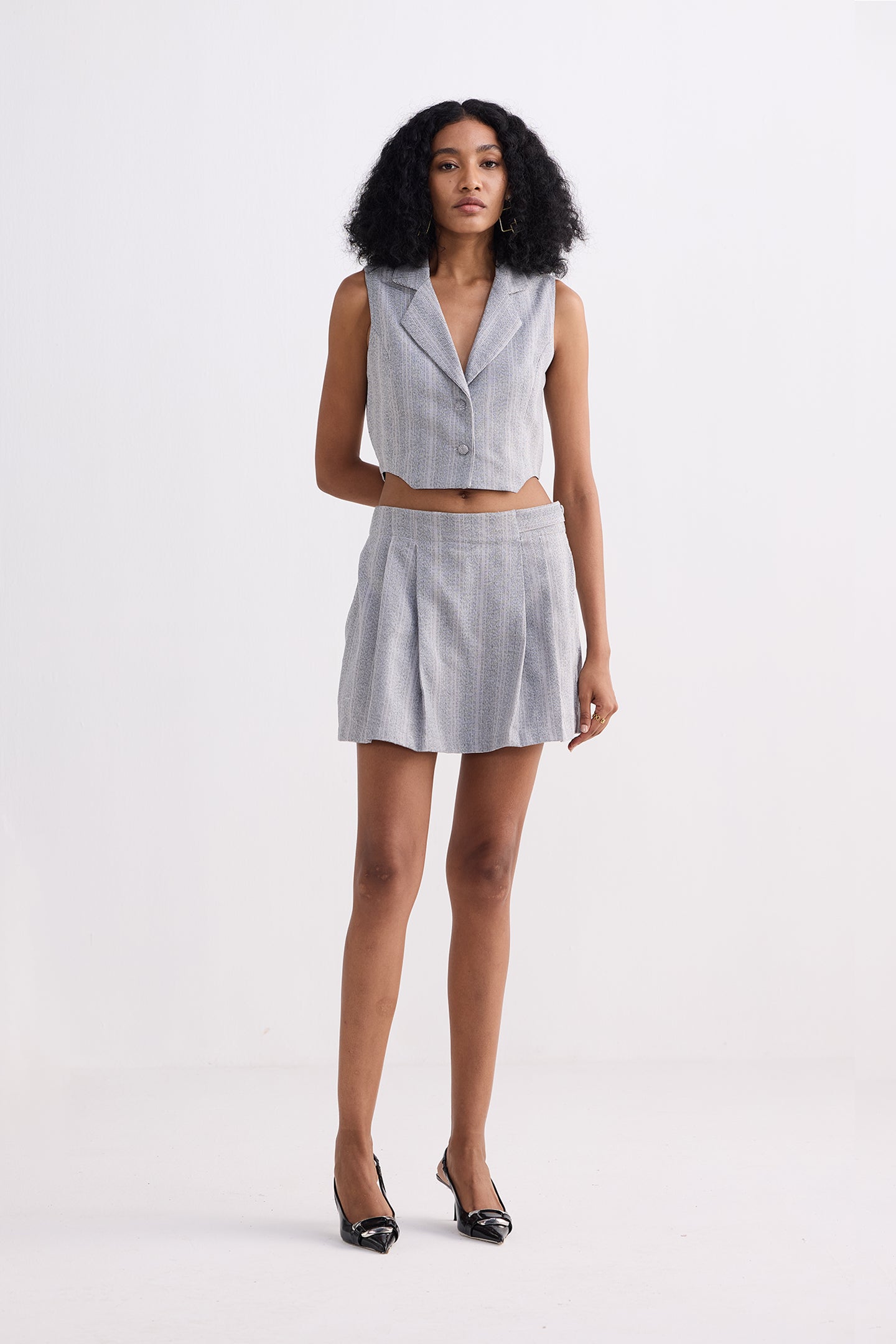 Cropped Cotton Tweed Vest Set in Grey