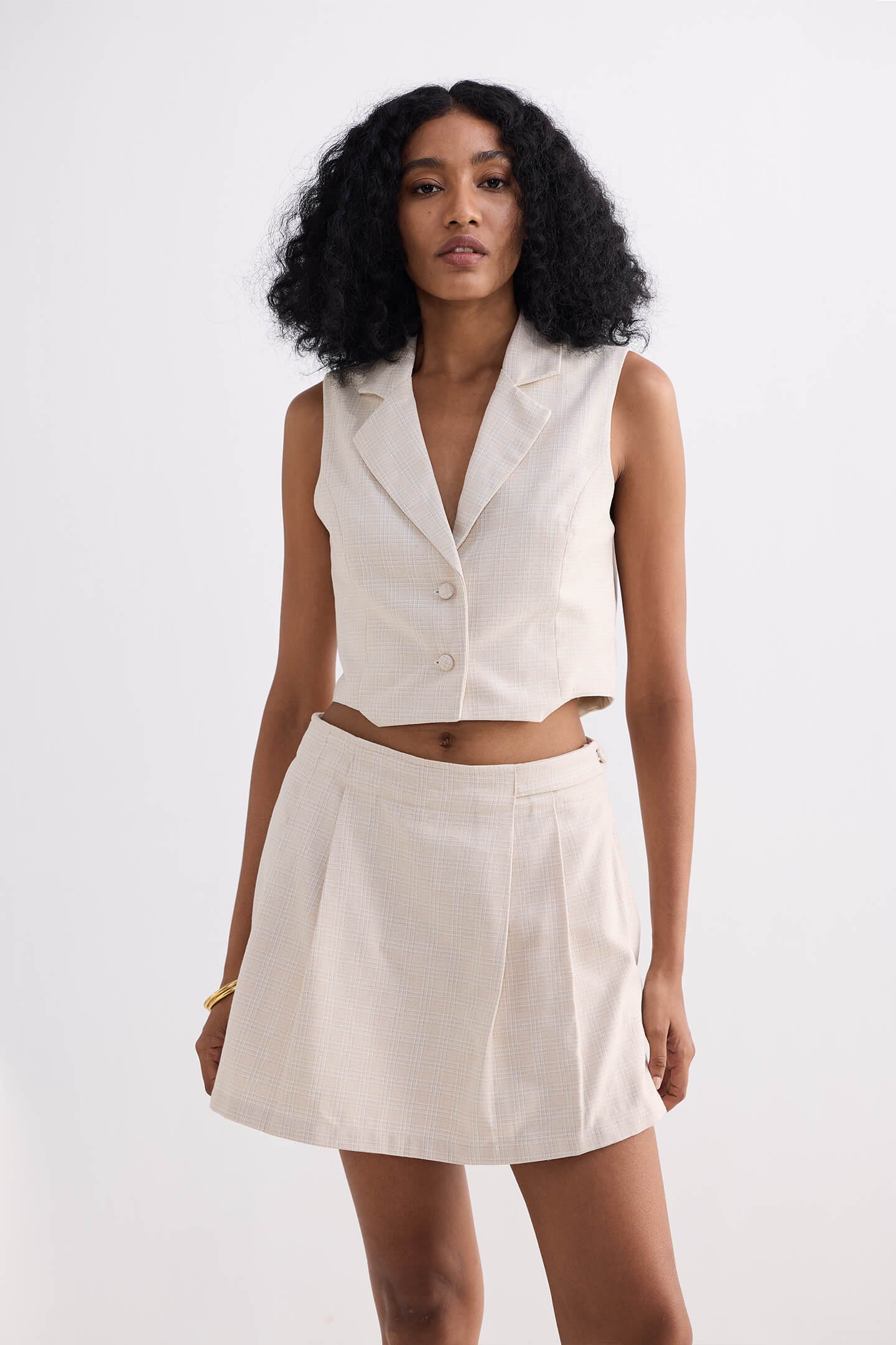 Cropped Cotton Tweed Vest in Cream