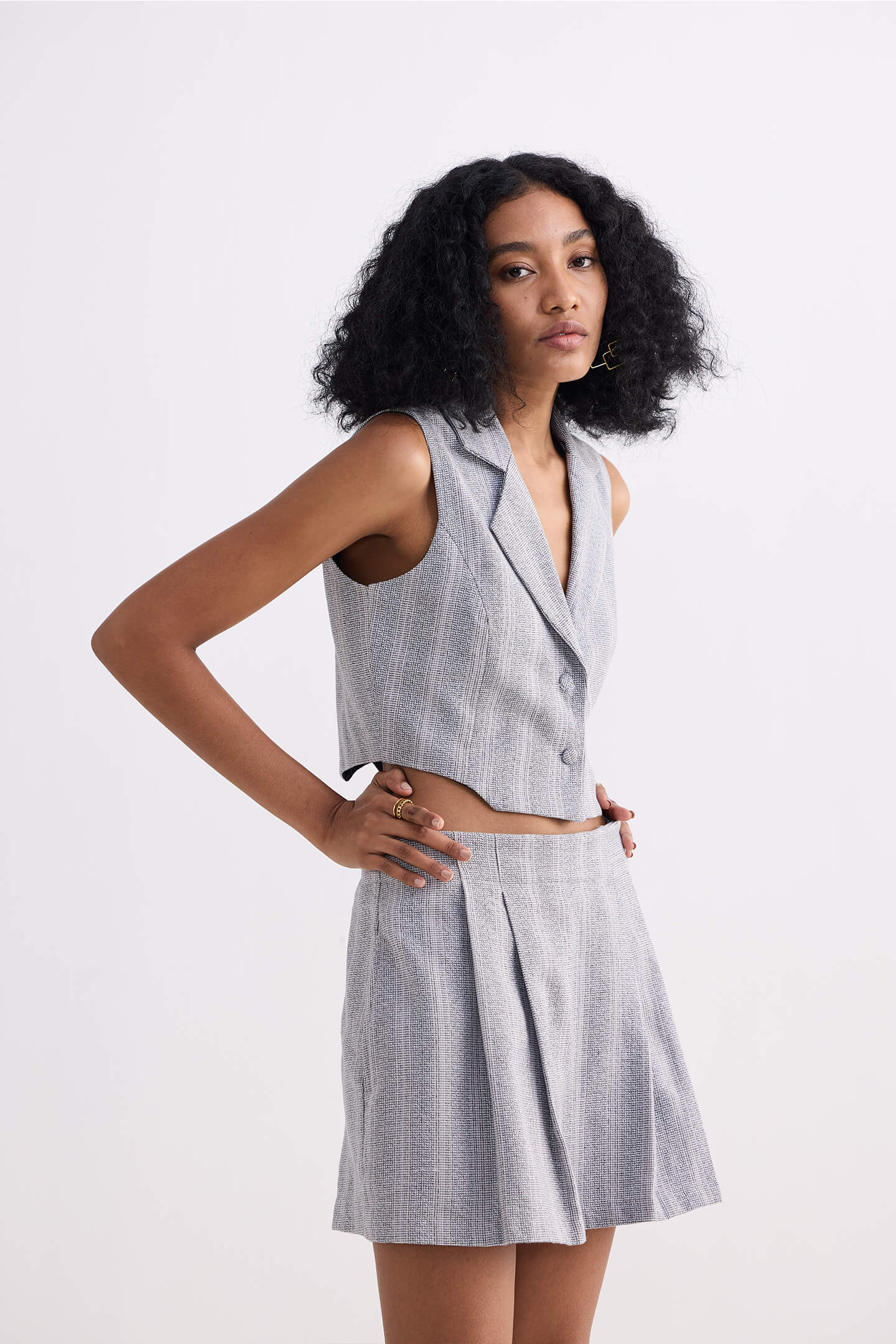 Cropped Cotton Tweed Vest in Grey