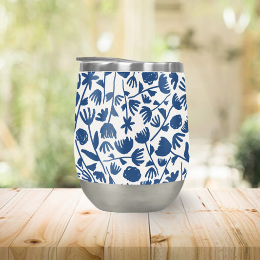 Dark Blue Floral Pattern Stemless Wine Tumbler