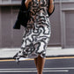 Deep V-neck Gathered Dress in Black Stripes