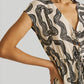 Deep V-neck Gathered Dress in Black Stripes