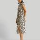 Deep V-neck Gathered Dress in Black Stripes