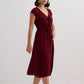 Deep V-neck Gathered Dress in Burgundy
