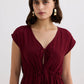 Deep V-neck Gathered Dress in Burgundy