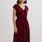 Deep V-neck Gathered Dress in Burgundy