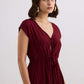 Deep V-neck Gathered Dress in Burgundy