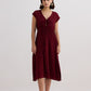Deep V-neck Gathered Dress in Burgundy