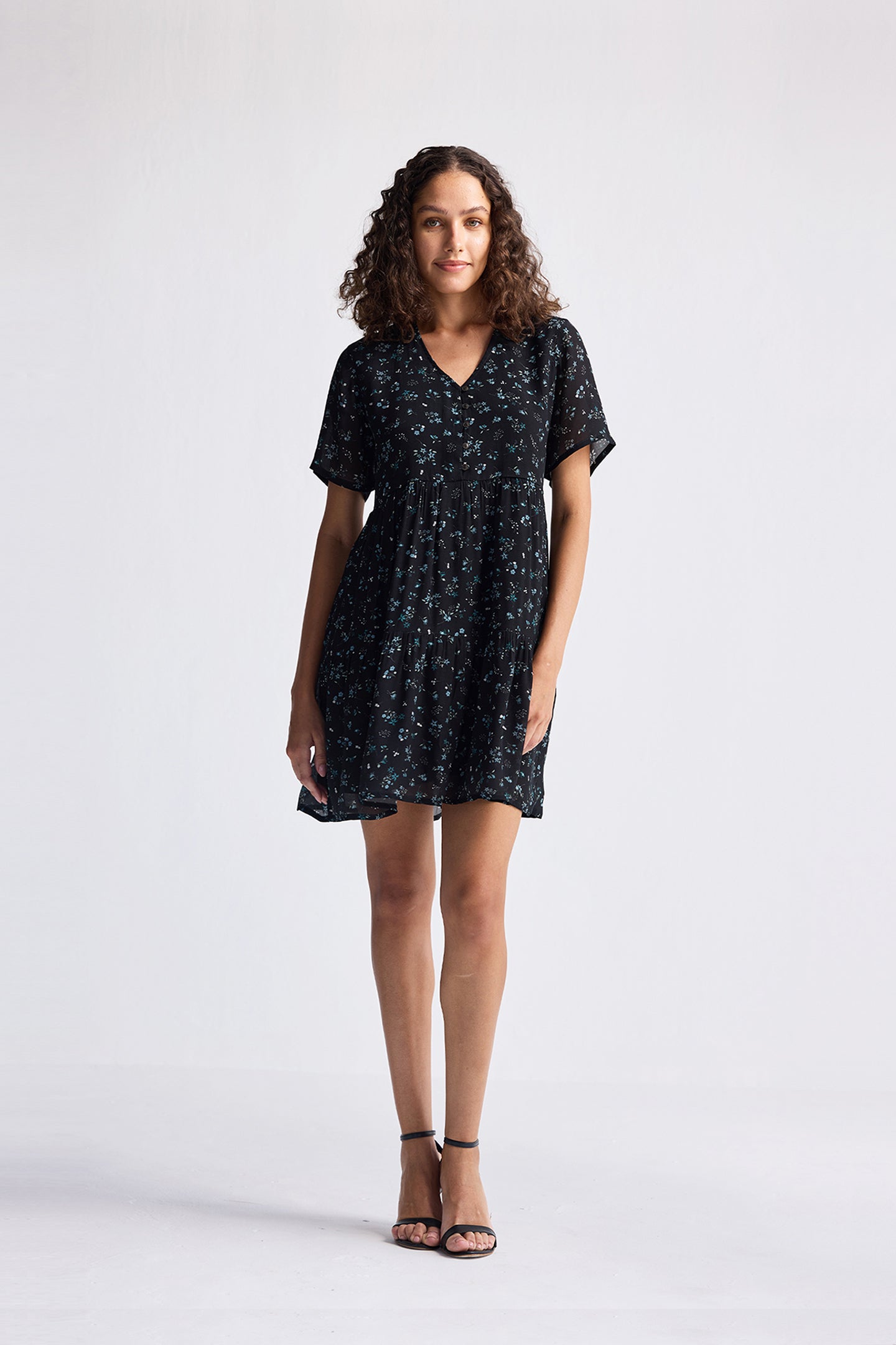 Floral Short Tiered Dress in Dark Blue