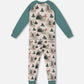 Organic Cotton Two Piece Pajama Set Gray Mix And Green Printed Reindeer
