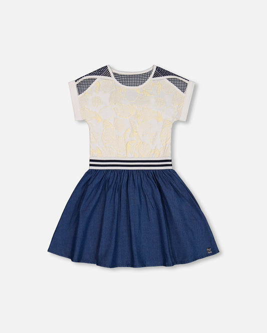 Bi-Material Organic Cotton And Chambray Dress White And Navy