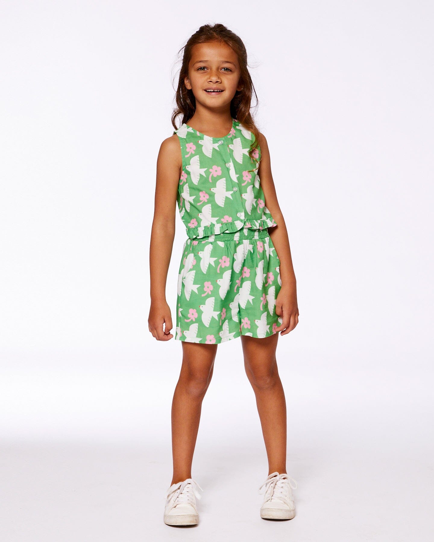 Printed Romper With Frills Green With White And Pink Bird