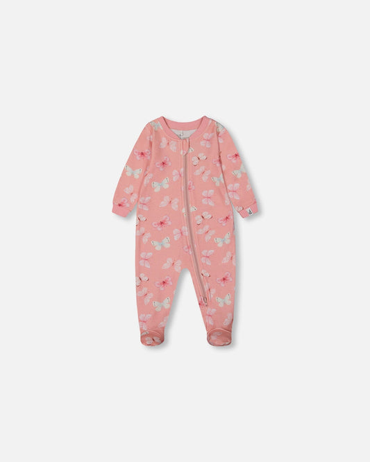 Printed Organic Cotton One-Piece Pajama Pink And Blue Butterflies On Old Pink