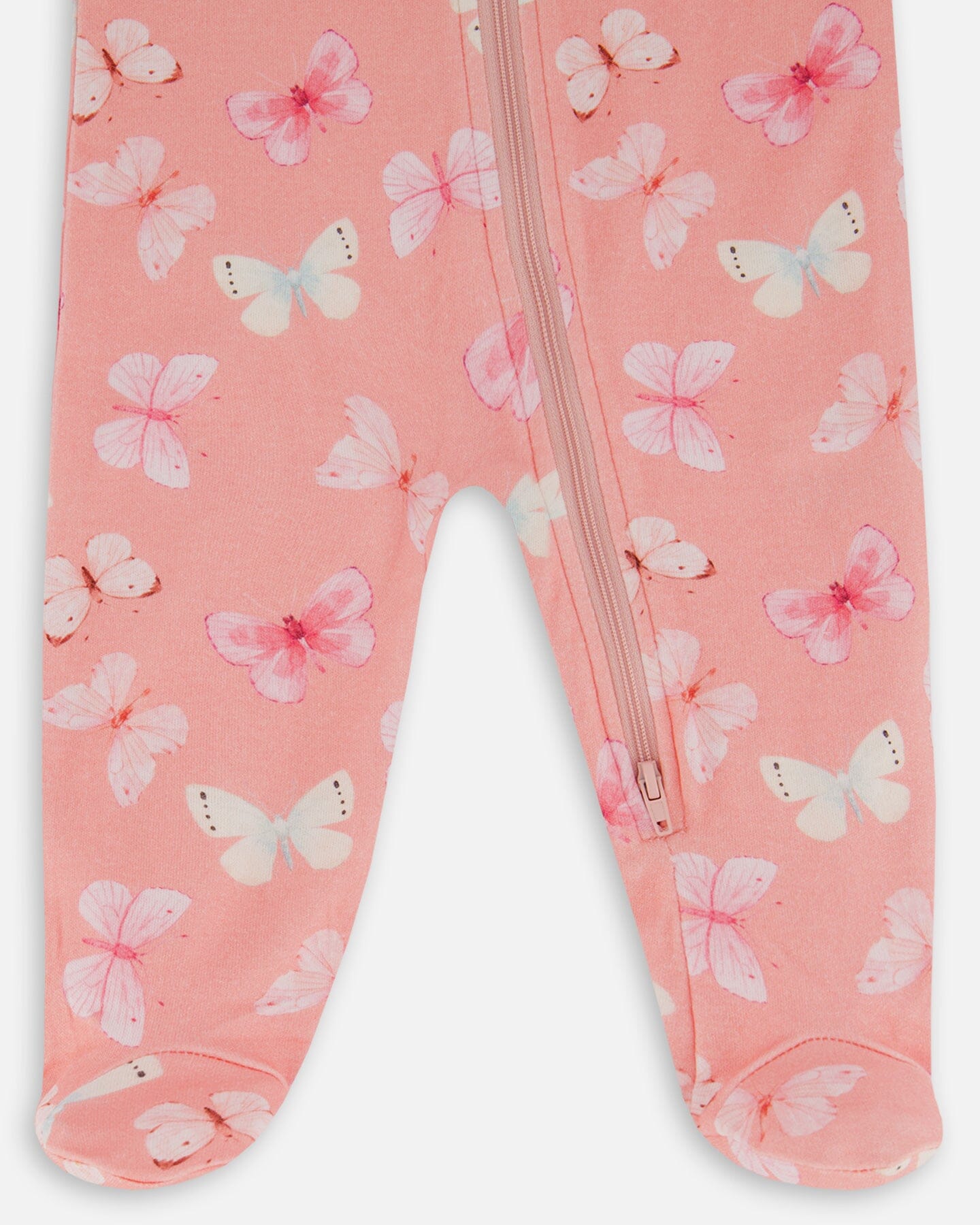 Printed Organic Cotton One-Piece Pajama Pink And Blue Butterflies On Old Pink
