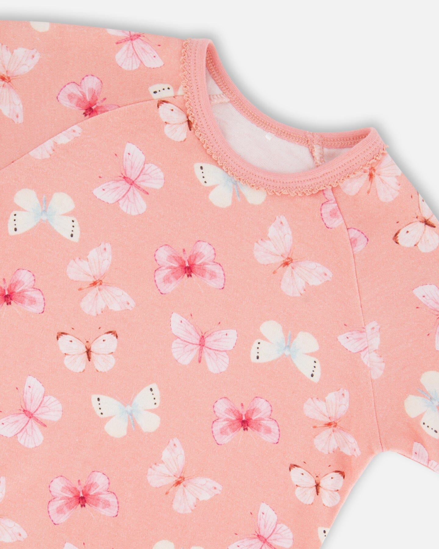 Organic Cotton Short Sleeve Top And Pant Pajama Set Pink And Blue Butterflies On Old Pink