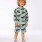 Printed French Terry Short Gray Wolf On Teal Background