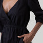 Gathered Elbow Sleeve Short Dress in Black