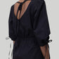 Gathered Elbow Sleeve Short Dress in Black