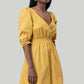 Gathered Elbow Sleeve Short Dress in Mustard