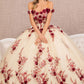 3-D Flower Embroidery Off Shoulder Mesh Quinceanera Gown