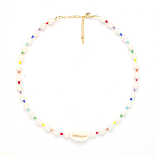 Freshwater Pearl Cowrie Shell Rainbow Choker