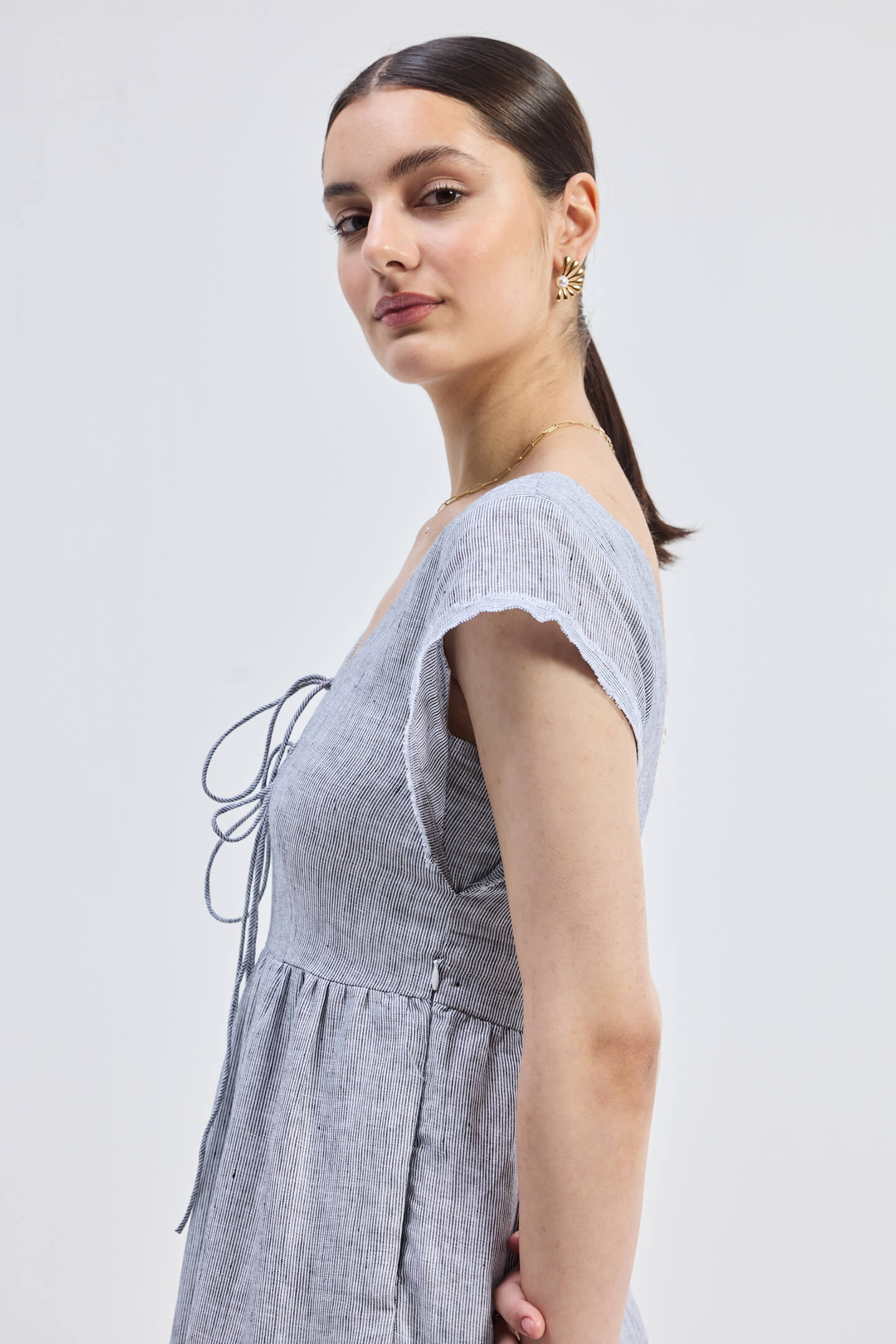 Maxi Tiered Dress with Front-ties in Linen Stripes