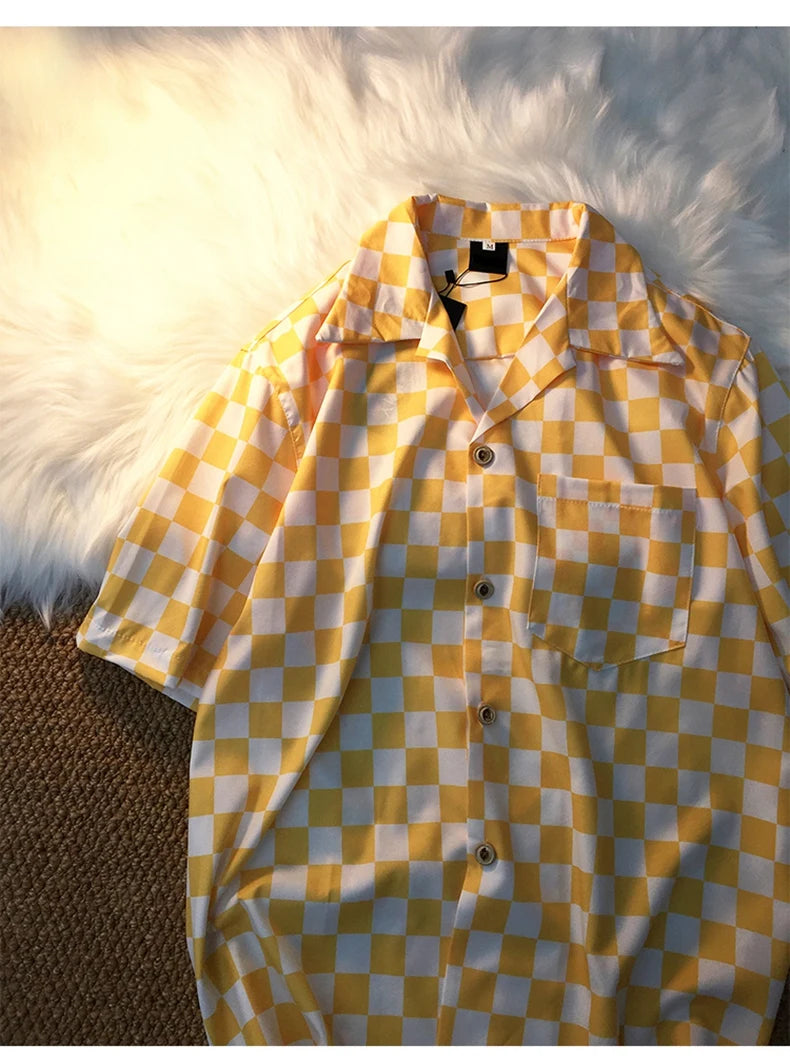 Casual Shirts Women Panelled Plaid Fashion Loose Couples Elegant All-match Summer Blouses Cool Girls Retro Students Chic Unisex