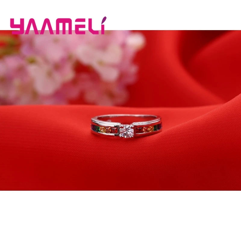 Echte 100% 925 Sterling Silber Farbe Regenbogen Zirkonia Ringe Für Frauen Hochzeit Entzückender Verlobungsantrag Ring Accessoire