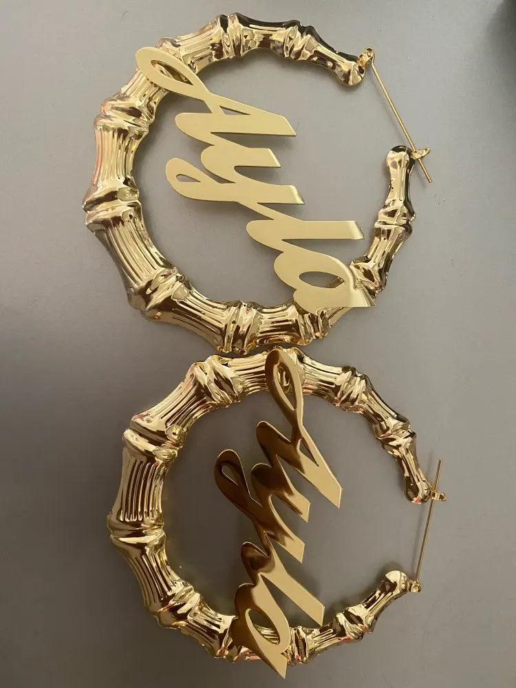 DOREMI Stainless Steel Bamboo Hoop Earrings Customize Name Earrings Bamboo Style Custom Hoop Earring With Statement Words Number