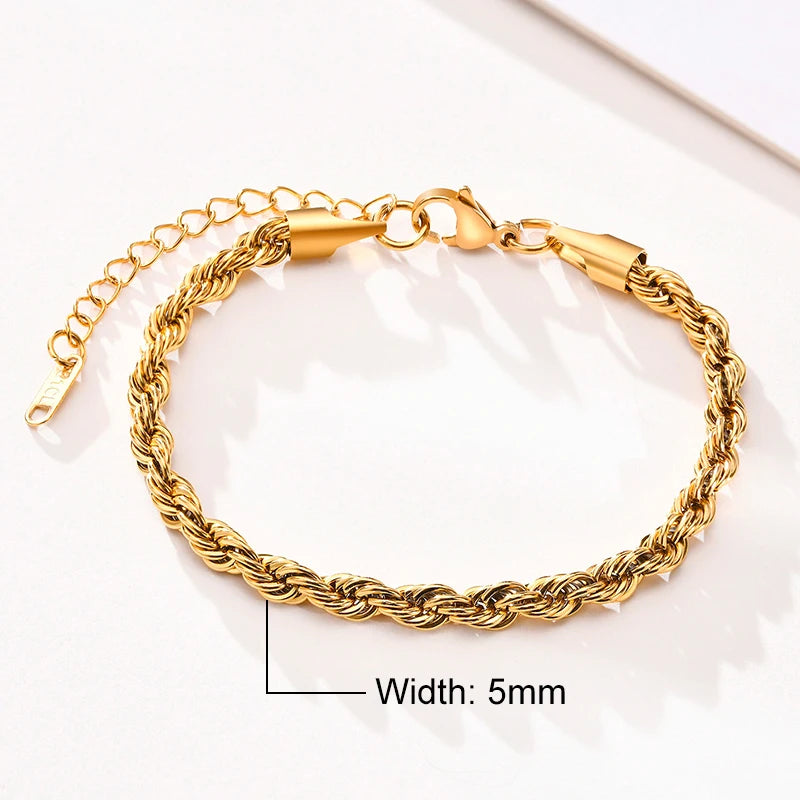 Vnox Basic 2/3/4/5mm Stainless Steel Twisted Rope Chain Bracelets for Men Women,Wrist Christmas Gifts Jewelry,Length Adjustable