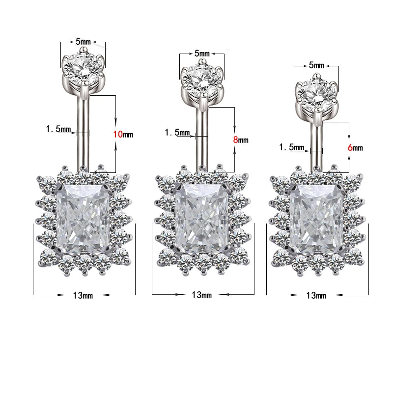 Bauchpiercing aus 925er Sterlingsilber, quadratischer Zirkonia, modischer Bauchnabel-Piercingschmuck