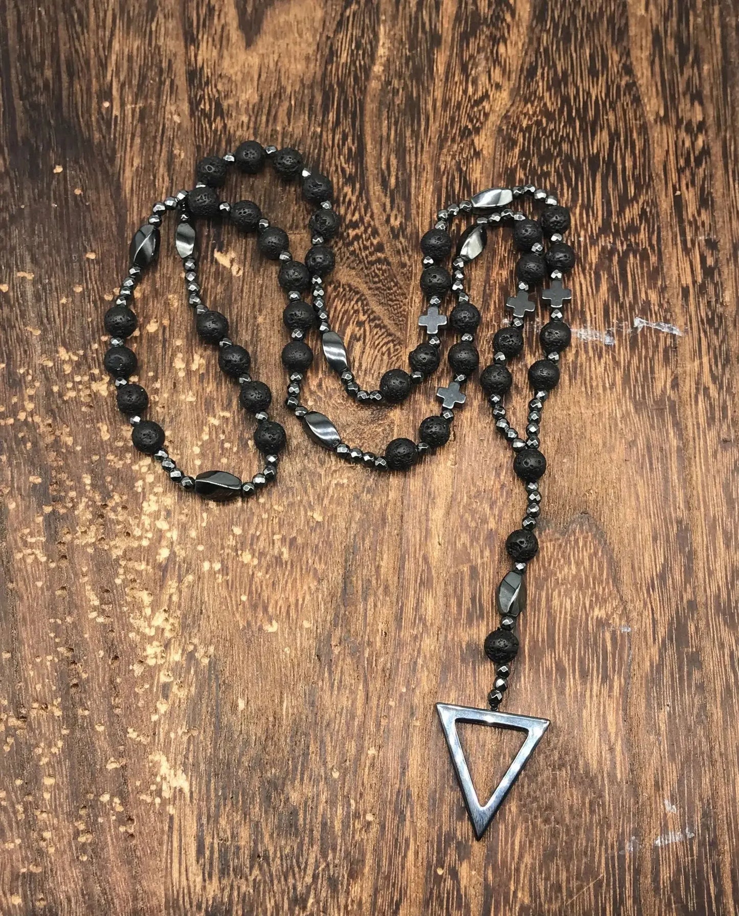 Tiger Eye Stone Bead & Hematite Cross Pendant Necklace for Men Women Catholic Christ Rosary Cross Pendant
