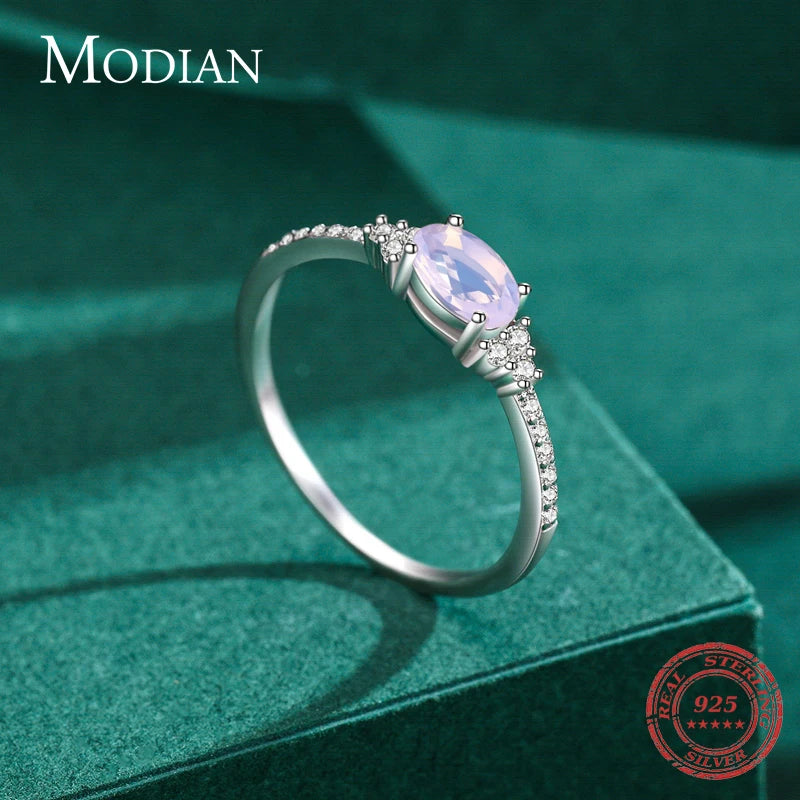MODIAN 925 Sterling Silber Rosa Mondstein Eleganter Stapelbarer Fingerring Eternity Bands für Damen Weihnachtsgeschenke Feiner Schmuck