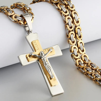 Katholische Jesus Christus Kreuz Anhänger Halskette Edelstahl Lange Byzantinerkette Kruzifix Kreuz Halskette