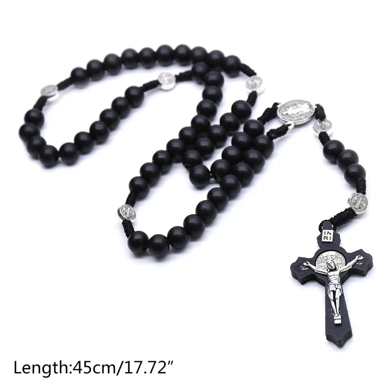 Black Wooden Christ Jesus Cross Religious Necklace Catholic Rosary Necklace Church Souvenirs Prayer Pendant Necklace