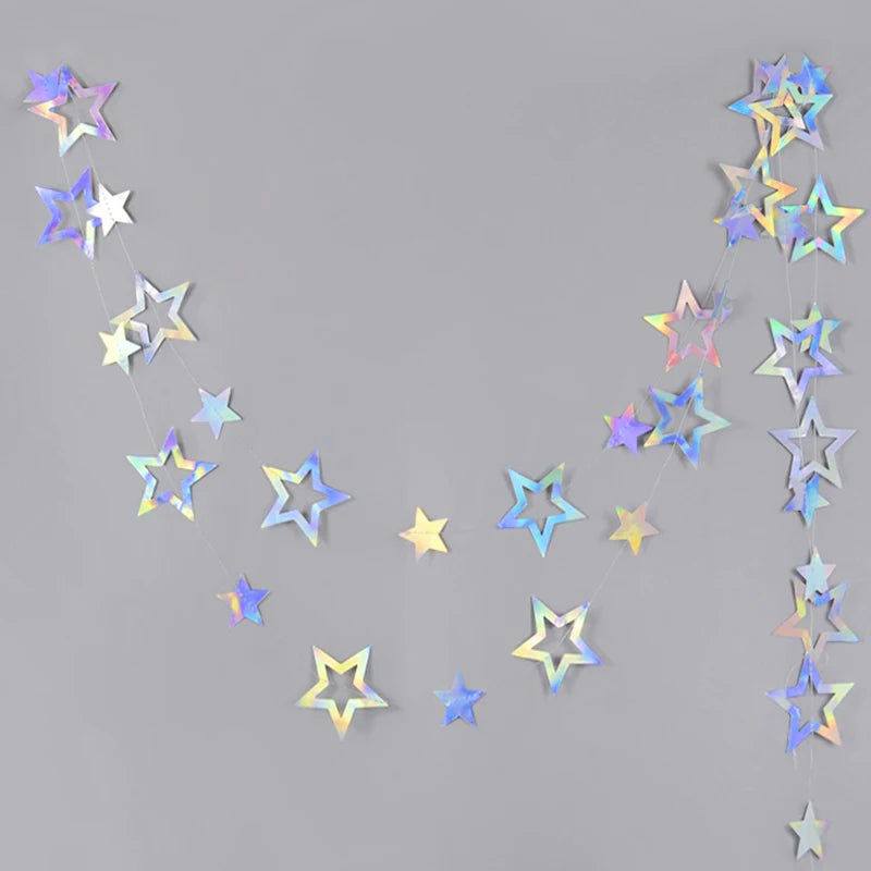 Laser Silber Papier Stern Girlande Banner Happy Birthday Party Dekoration Mädchen Junge Babyparty Hochzeit Wandbehang Dekor