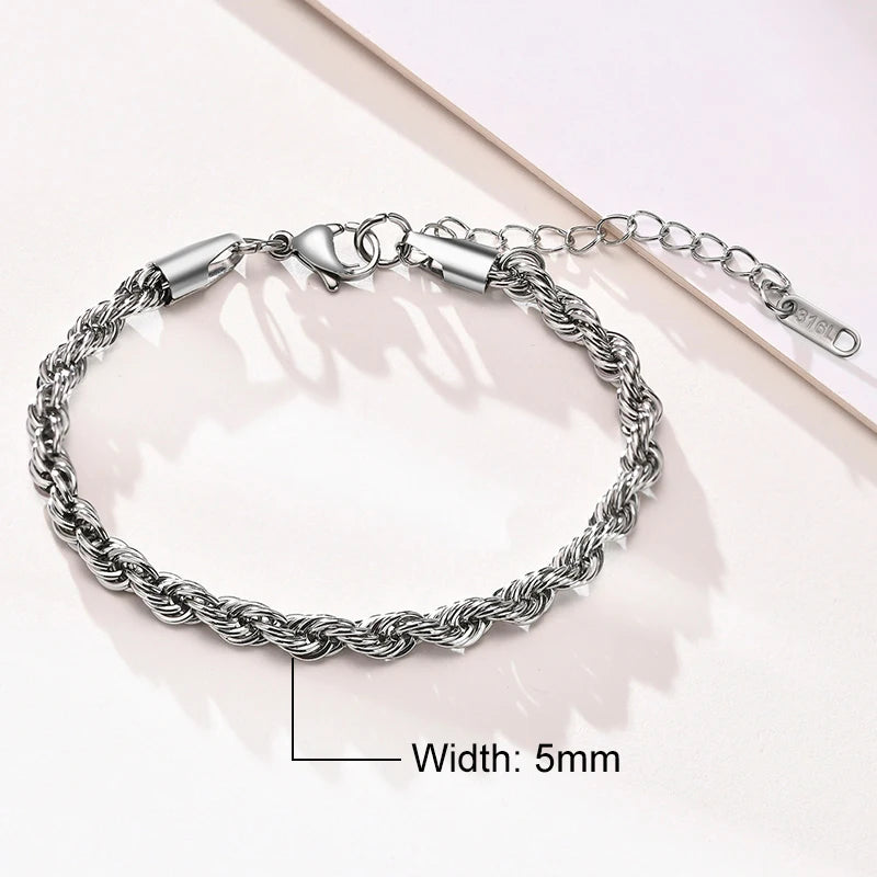 Vnox Basic 2/3/4/5mm Stainless Steel Twisted Rope Chain Bracelets for Men Women,Wrist Christmas Gifts Jewelry,Length Adjustable