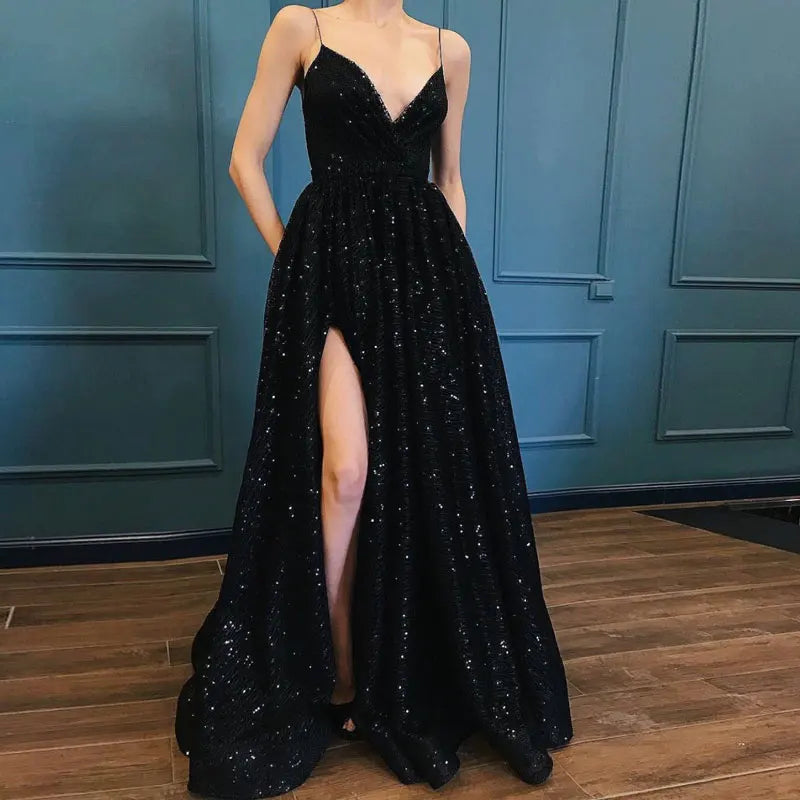 Maßgeschneiderte schwarze V-Ausschnitt Ballkleider Abendkleider Vestido De Noiva Sereia Robe De Soiree Formelle sexy Seitennaht Spaghettiträger