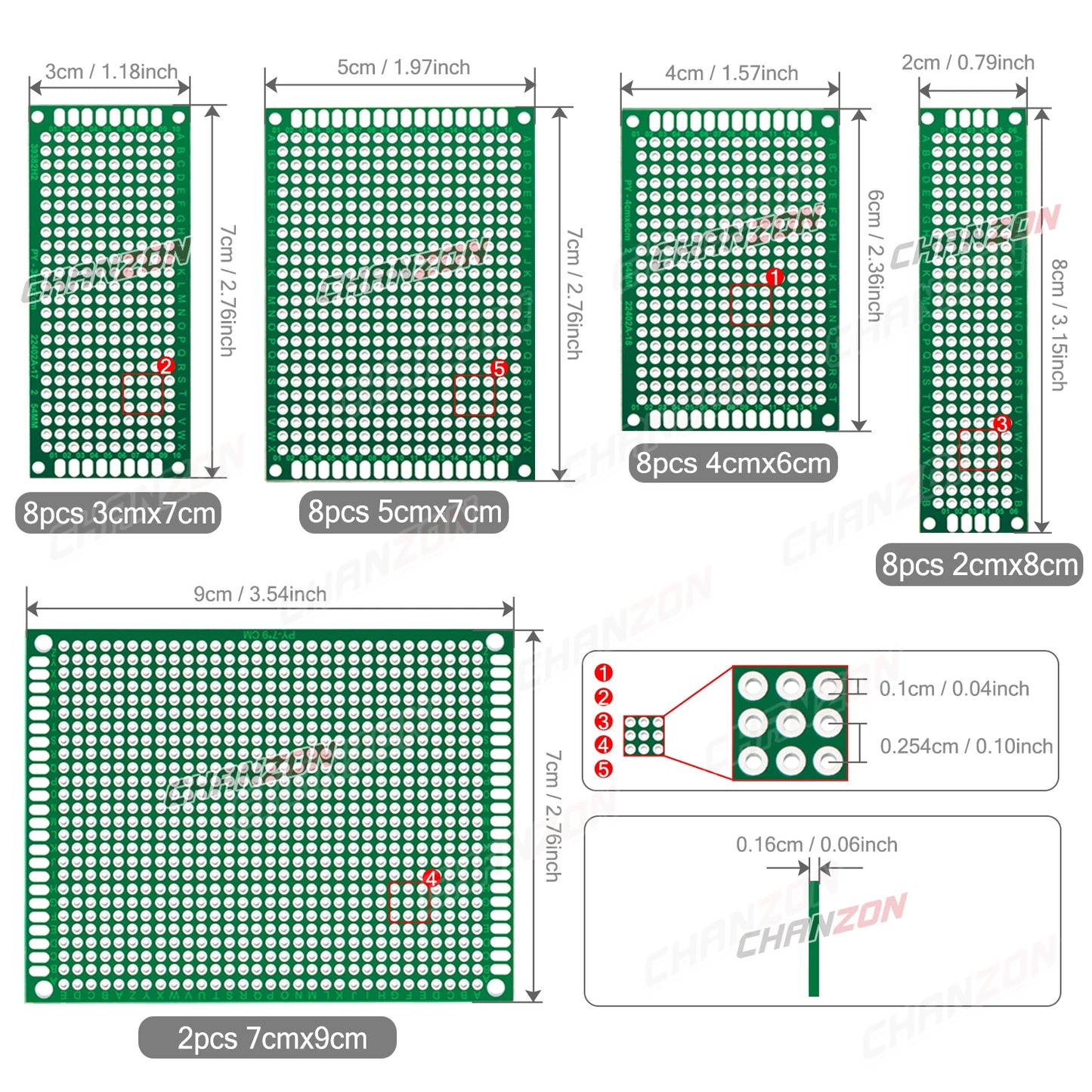 34 Stück doppelseitige Leiterplatten verzinnt (2x8 3x7 4x6 5x7 7x9 cm) Prototypen-Kit FR4 bedruckte Universal-Lochrasterplatine für Heimwerker