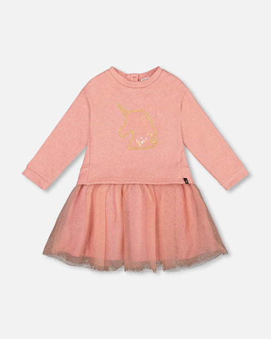 Bi-Material Dress Dusty Pink With Mesh Skirt And Unicorn