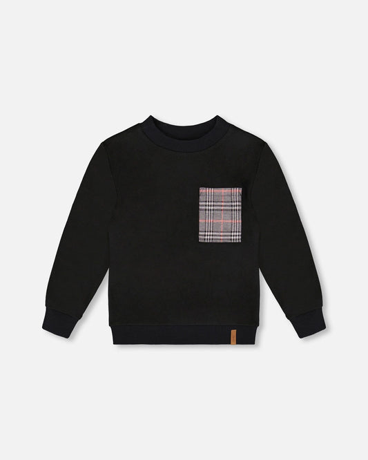 Super Soft Brushed Jersey Long Sleeve Top Black With Plaid Pocket