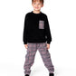 Super Soft Brushed Jersey Long Sleeve Top Black With Plaid Pocket