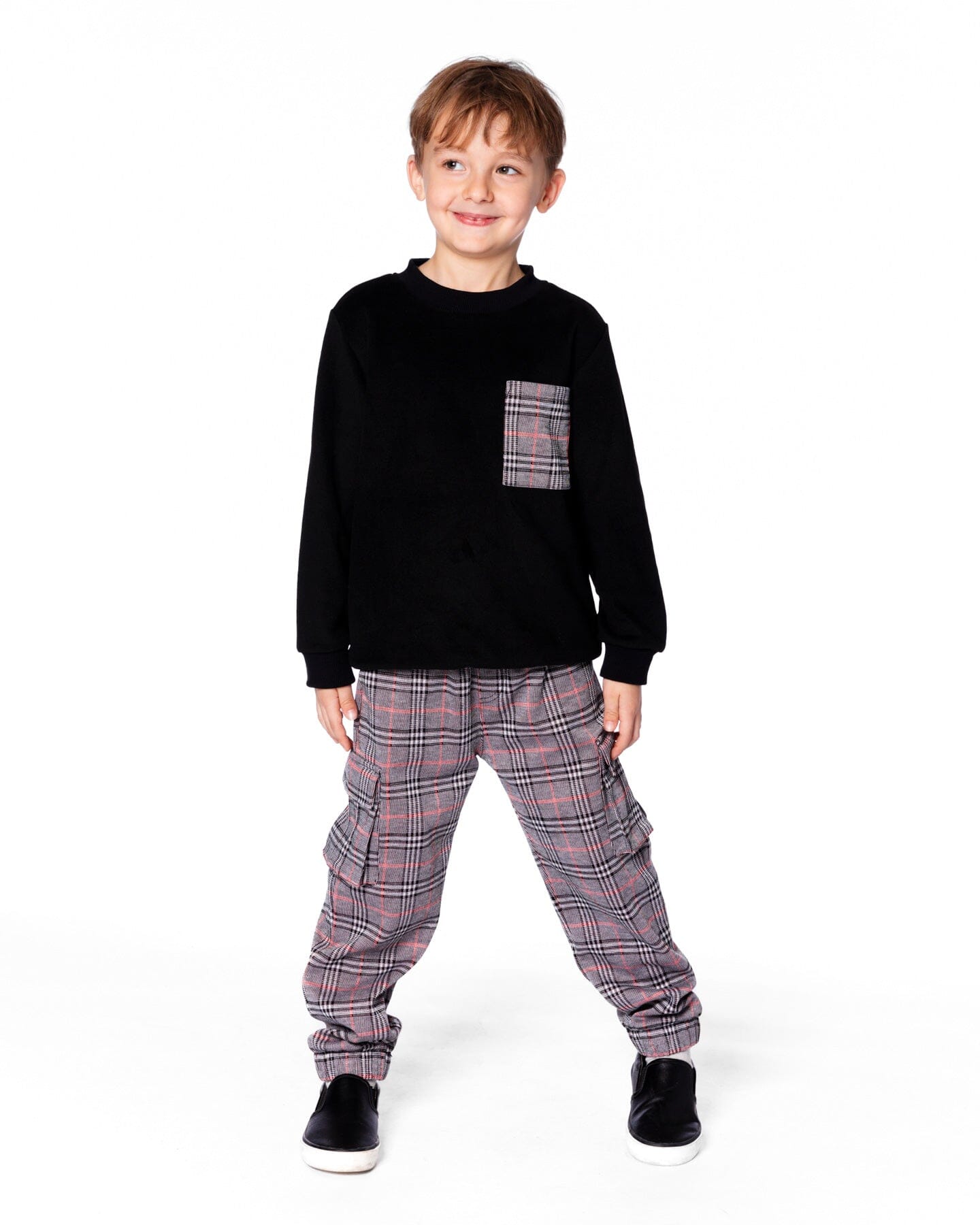 Super Soft Brushed Jersey Long Sleeve Top Black With Plaid Pocket